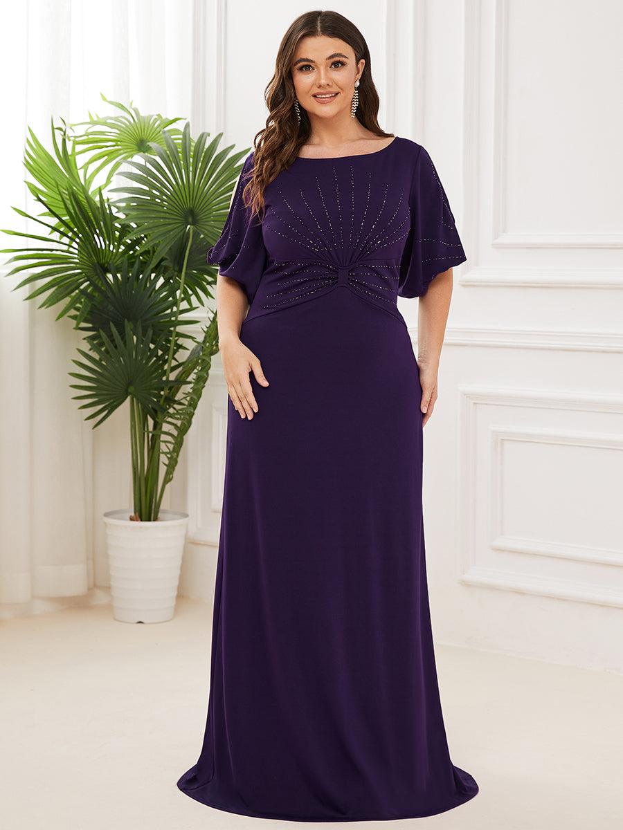 Robe de Soirée Longue Grande Taille Chic à Col Rond et Demi Manches #Couleur_Violet Fonce