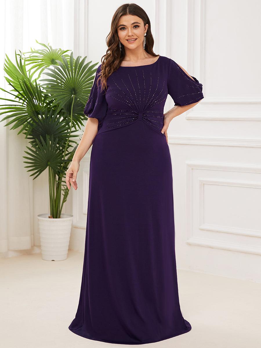 Robe de Soirée Longue Grande Taille Chic à Col Rond et Demi Manches #Couleur_Violet Fonce
