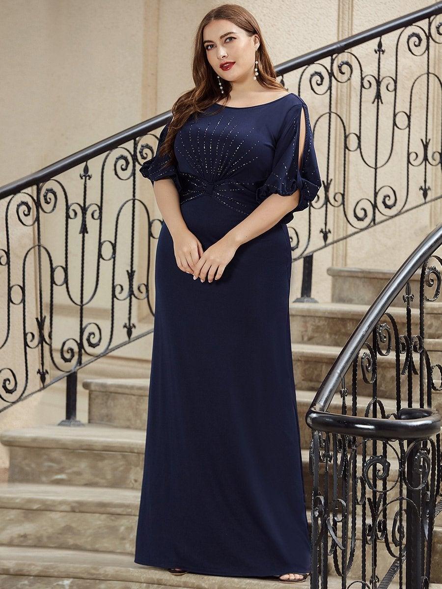 Robe de Soirée Longue Grande Taille Chic à Col Rond et Demi Manches #Couleur_Bleu Marine