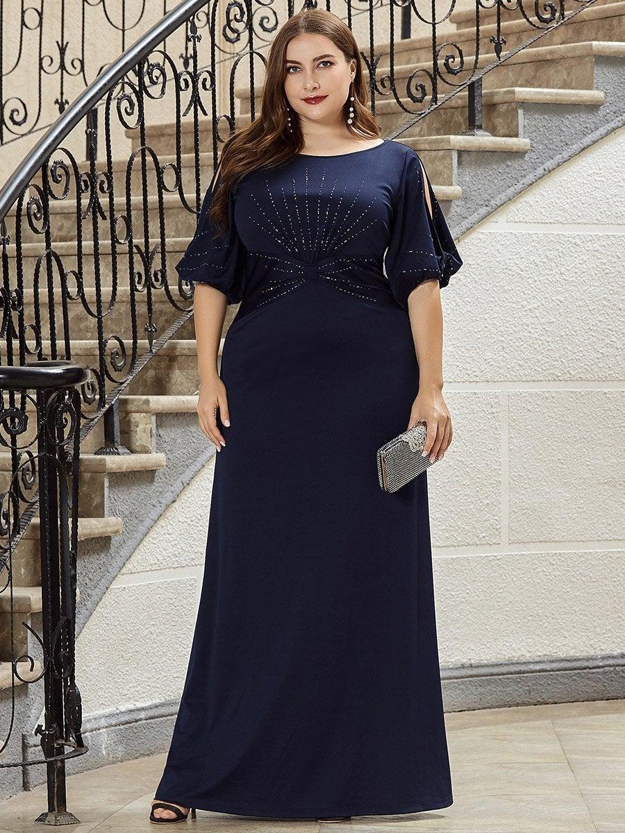 Robe de Soirée Longue Grande Taille Chic à Col Rond et Demi Manches #Couleur_Bleu Marine