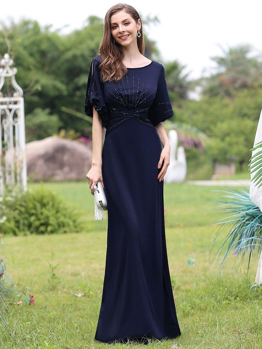 Robe de Soirée Longue Chic à Col Rond et Demi Manches #Couleur_Bleu Marine