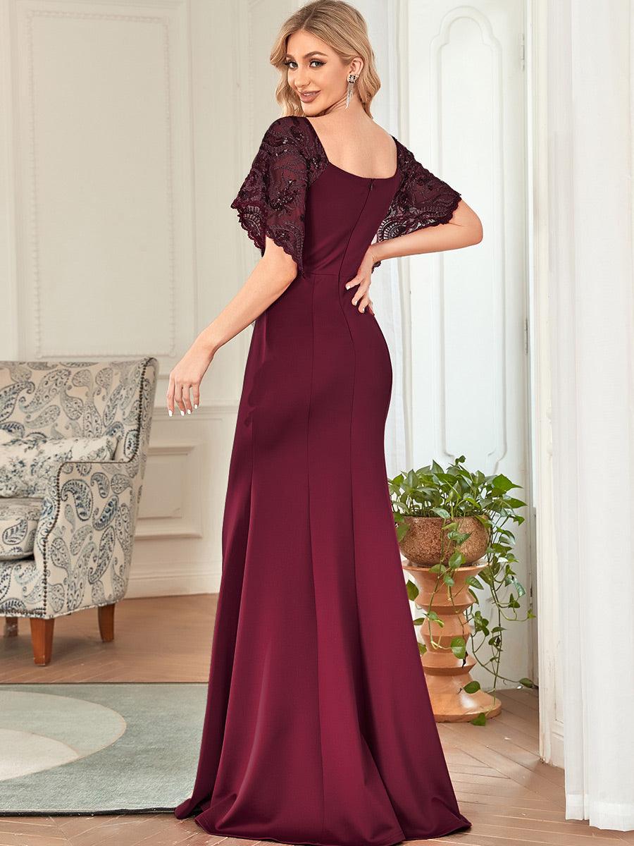 Taille personnalisée Robe de Soirée Sirène Moulante Sexy à Col en V #Couleur_Bordeaux