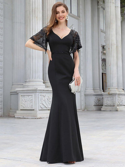 ever SLOANE|Robe de Soirée Sirène Moulante Sexy à Col en V et Manches évasée
