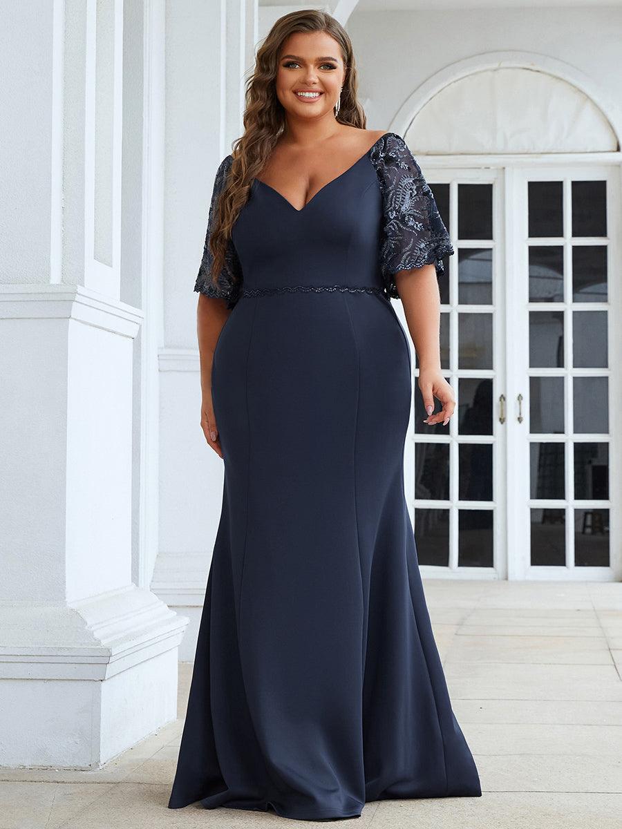 Taille personnalisée Robe de Soirée Sirène Moulante Sexy à Col en V #Couleur_Bleu Marine