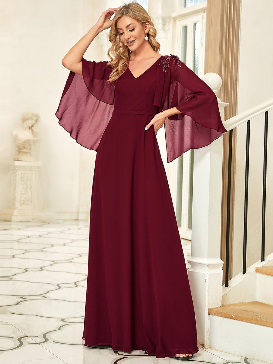Robe de Demoiselle d'Honneur élégante en Mousseline à Col en V #Couleur_Bordeaux