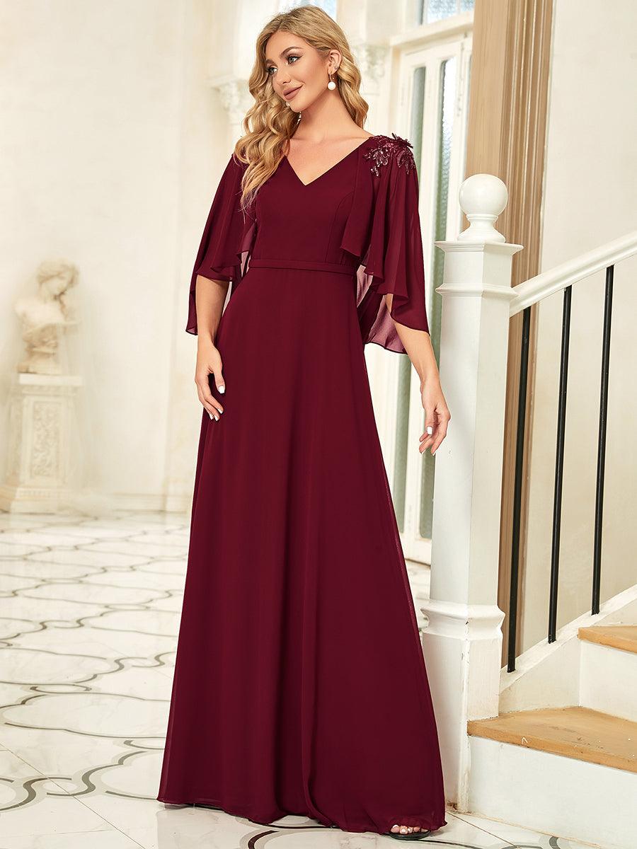 Robe de Demoiselle d'Honneur élégante en Mousseline à Col en V #Couleur_Bordeaux