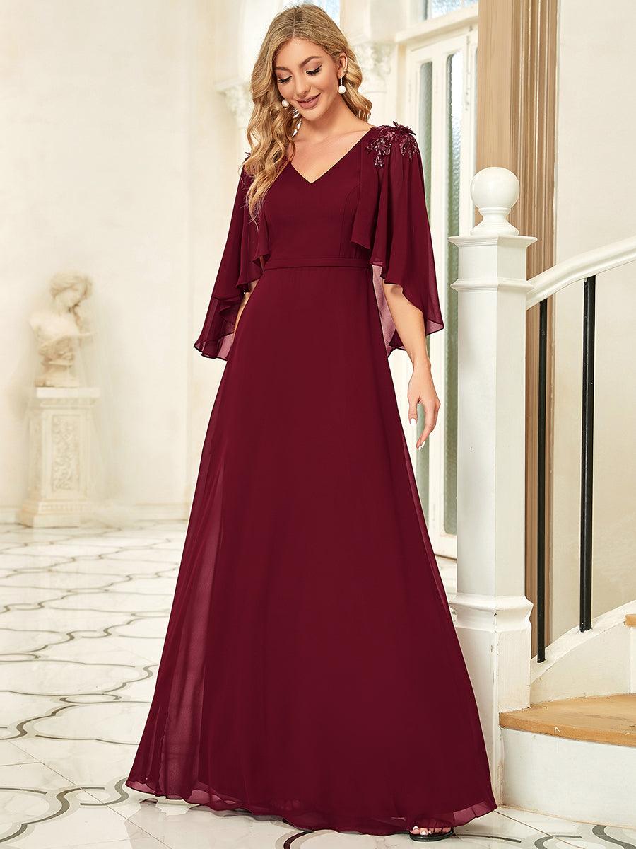 Robe de Demoiselle d'Honneur élégante en Mousseline à Col en V #Couleur_Bordeaux