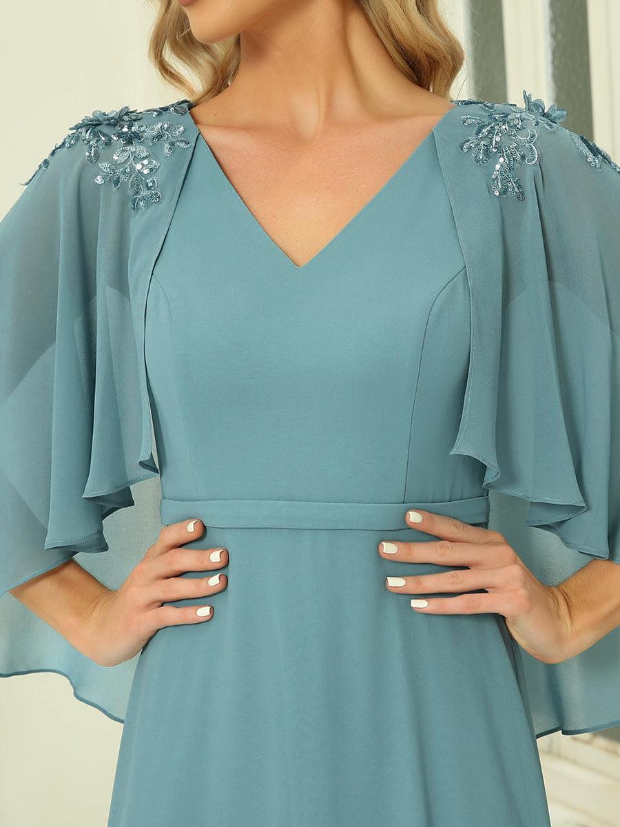 Robe de Demoiselle d'Honneur élégante en Mousseline à Col en V #Couleur_Bleu Fume