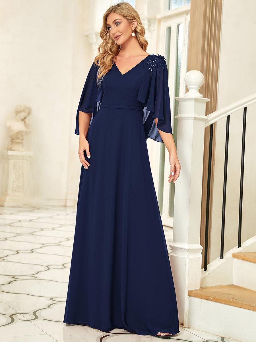 Robe de Demoiselle d'Honneur élégante en Mousseline à Col en V #Couleur_Bleu Marine
