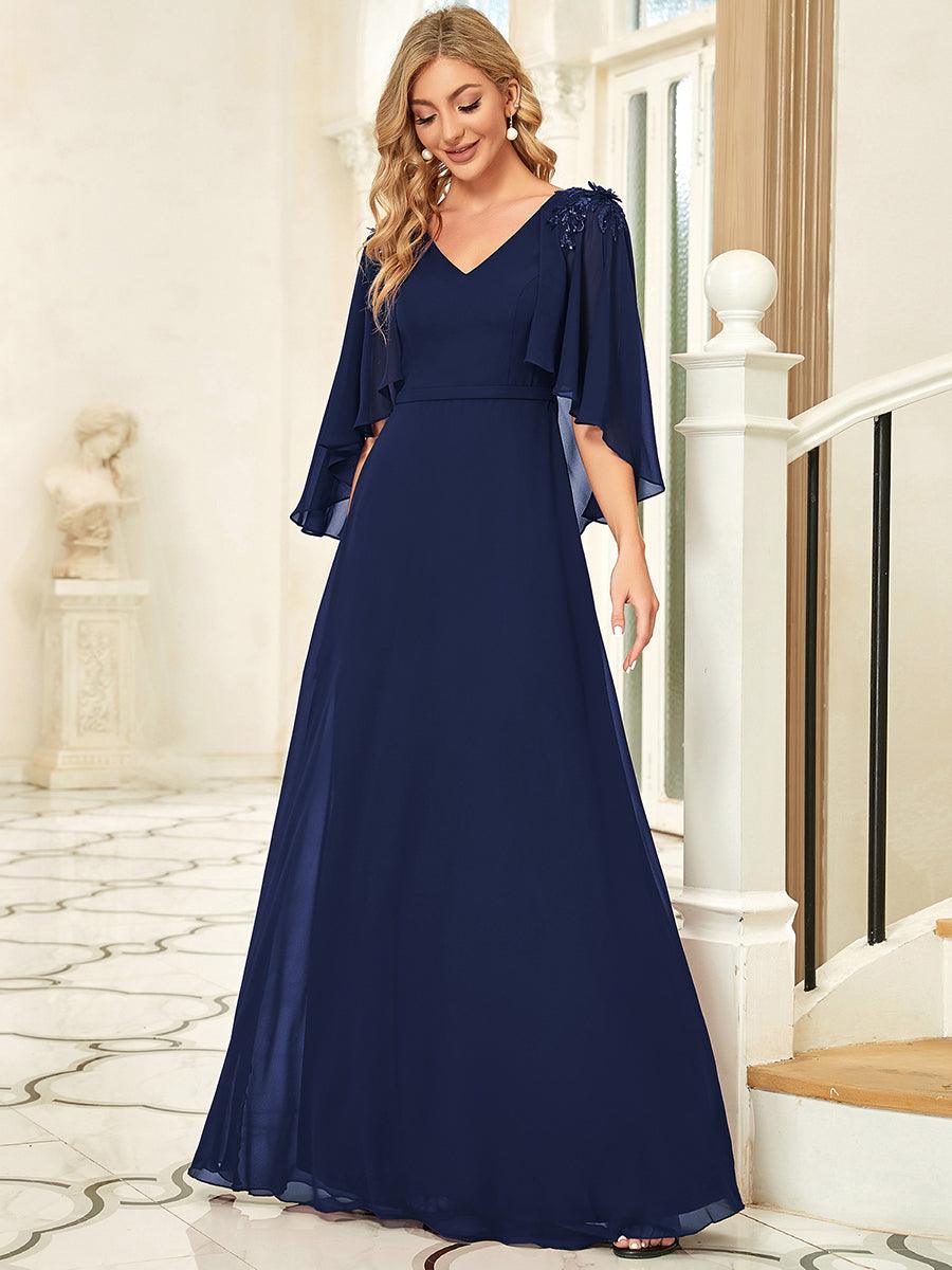 Robe de Demoiselle d'Honneur élégante en Mousseline à Col en V #Couleur_Bleu Marine