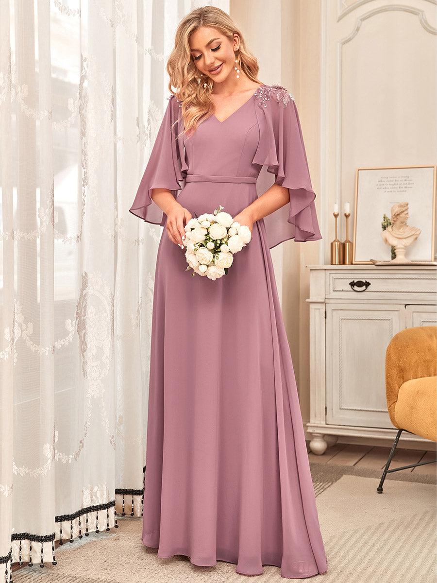 Robe de Demoiselle d'Honneur élégante en Mousseline à Col en V #Couleur_Orchidee