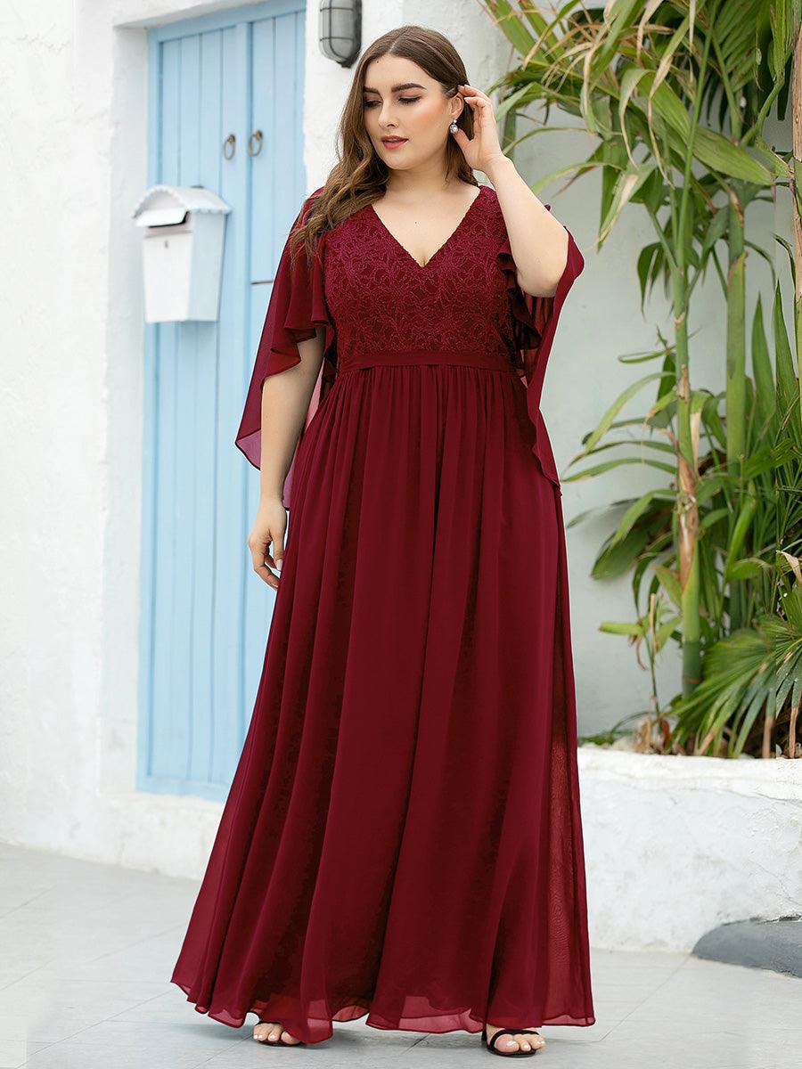 Robe de Soirée Grande Taille à Col en V Profond avec Dentelle