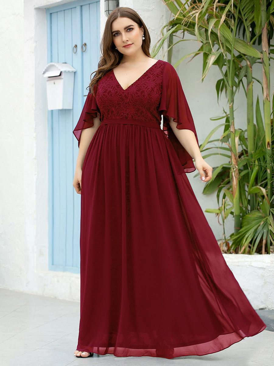 Robe de Soirée Grande Taille à Col en V Profond avec Dentelle #Couleur_Bordeaux