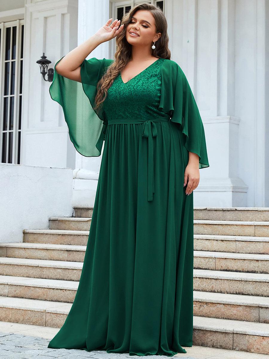 Robe de Soirée Grande Taille à Col en V Profond avec Dentelle