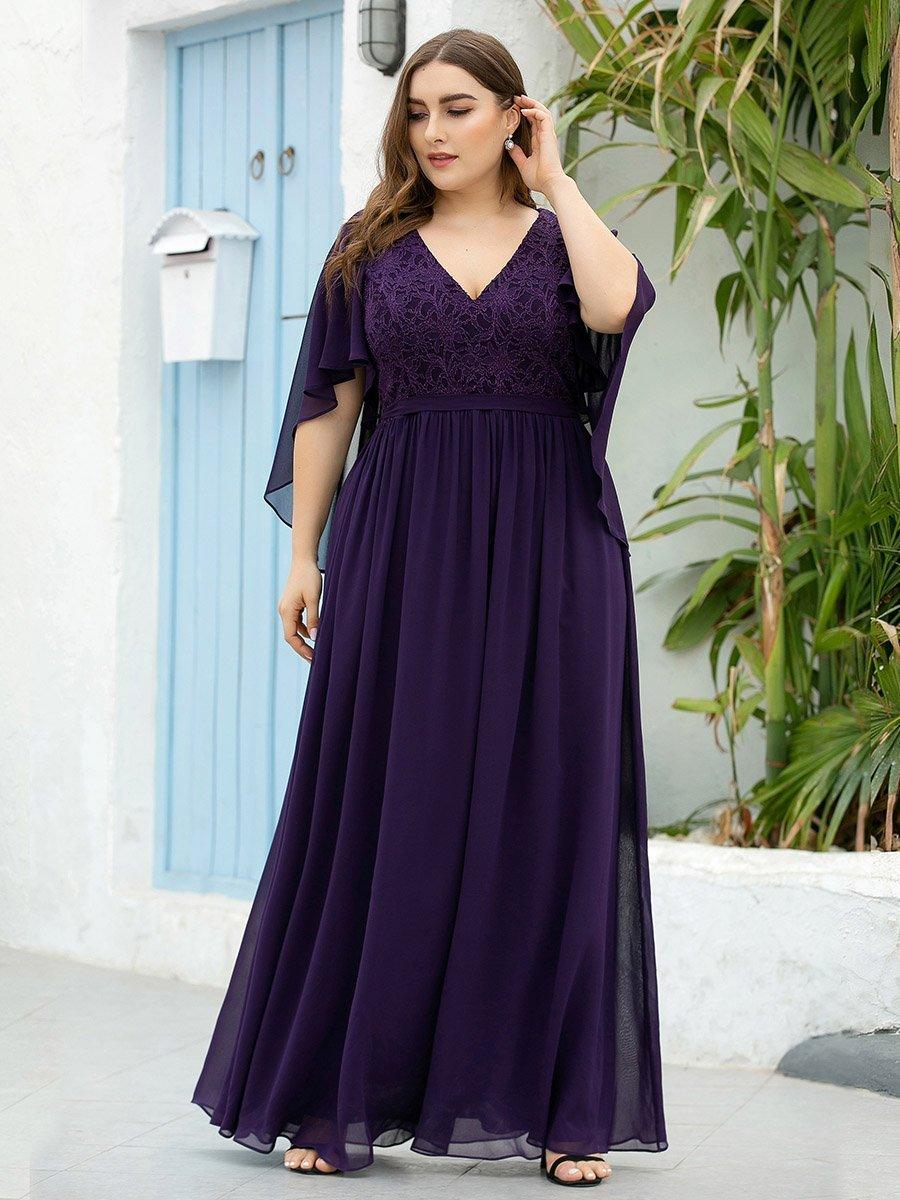 Robe de Soirée Grande Taille à Col en V Profond avec Dentelle