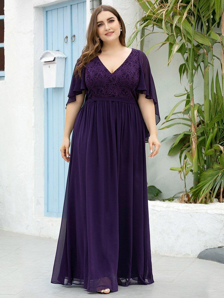 Robe de Soirée Grande Taille à Col en V Profond avec Dentelle