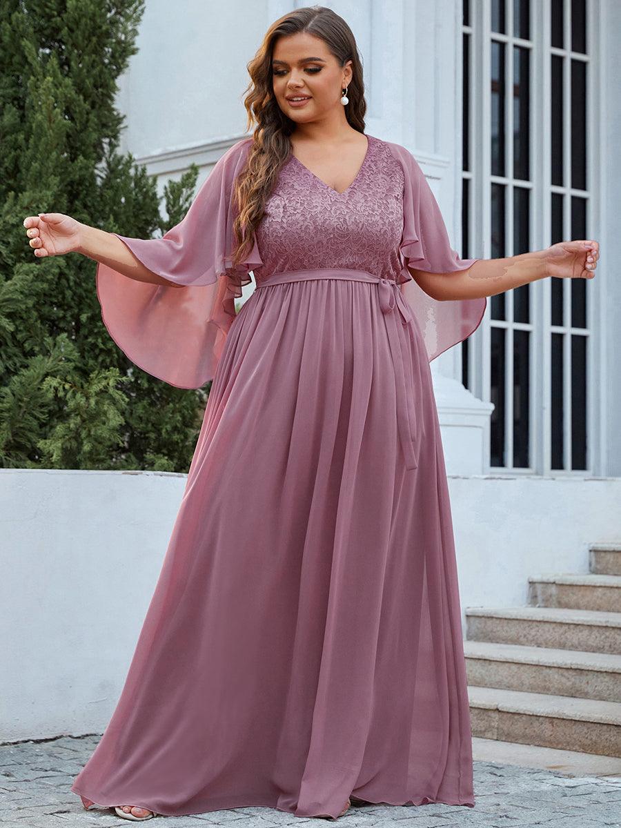 Robe de Soirée Grande Taille à Col en V Profond avec Dentelle