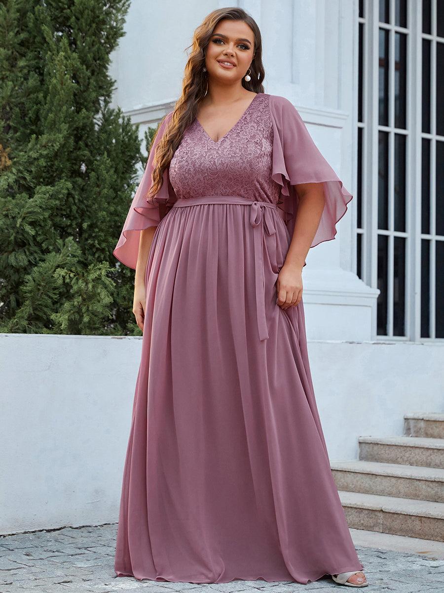 Robe de Soirée Grande Taille à Col en V Profond avec Dentelle