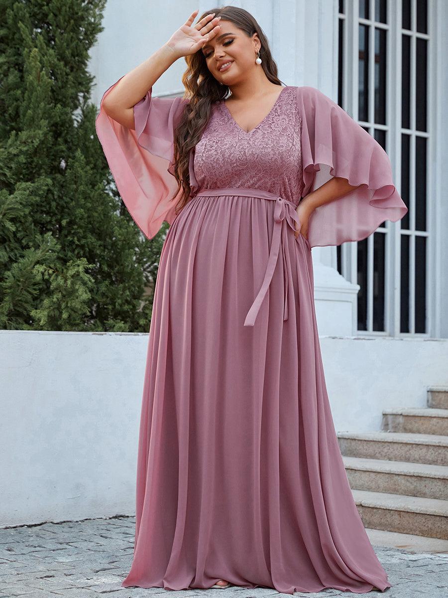 Robe de Soirée Grande Taille à Col en V Profond avec Dentelle