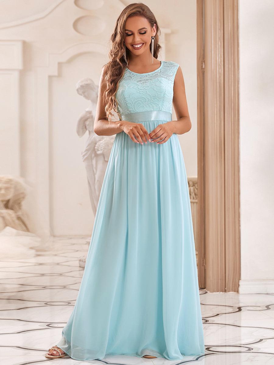 Robe de demoiselle d'honneur classique à col rond et dos en dentelle #Couleur_Bleu Ciel