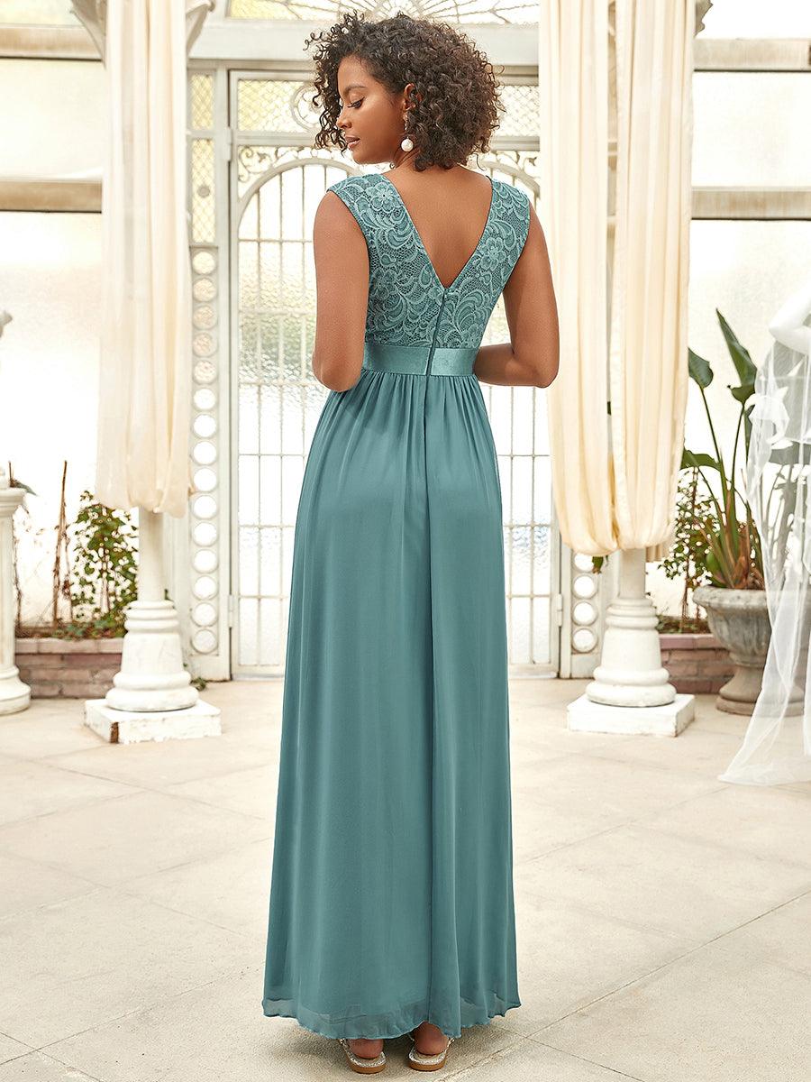 Robe de demoiselle d'honneur longue en dentelle sans manches #Couleur_Bleu Fume 