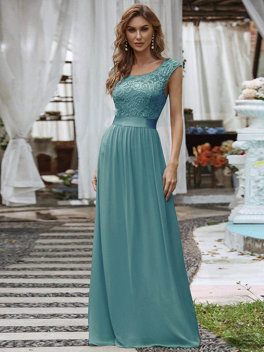 Robe de demoiselle d'honneur longue en dentelle sans manches #Couleur_Bleu Fume 