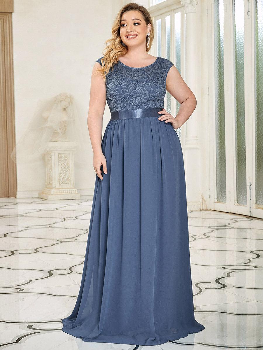 Robe Demoiselle d'Honneur Grande Taille avec Dos en V et Dentelle #Couleur_Marine Fume