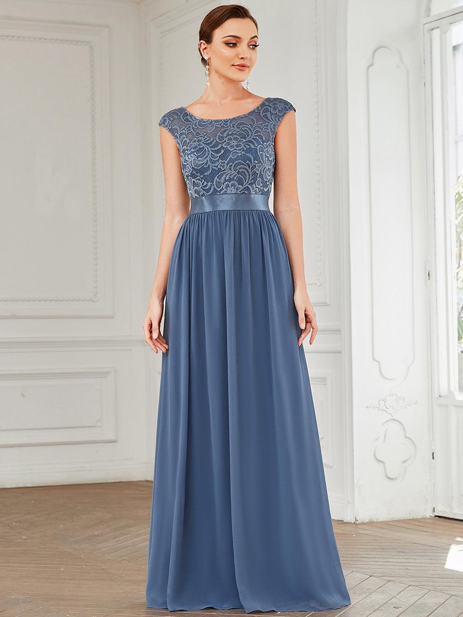 Robe mariage invitée longue en dentelle sans manches #Couleur_Marine Fume