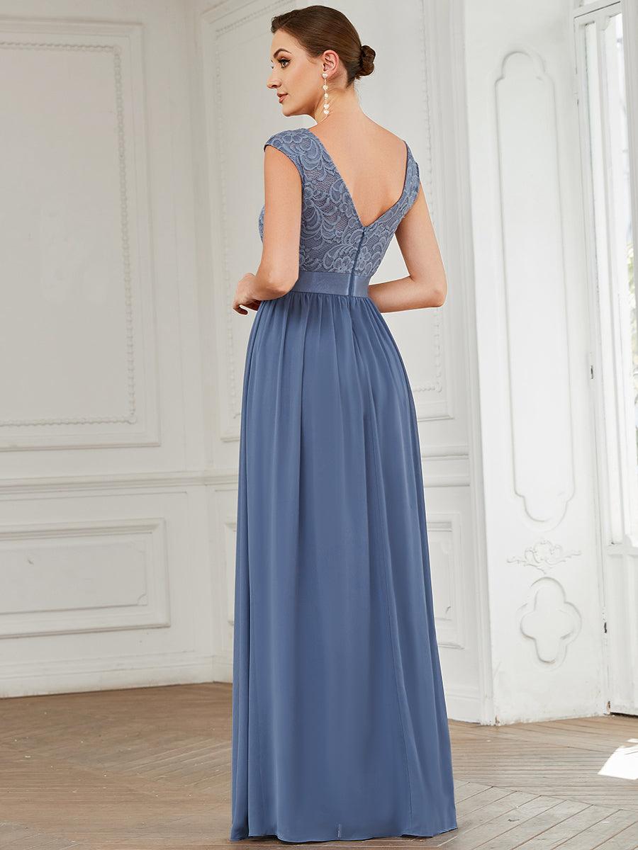 Robe de demoiselle d'honneur longue en dentelle sans manches #Couleur_Marine Fume