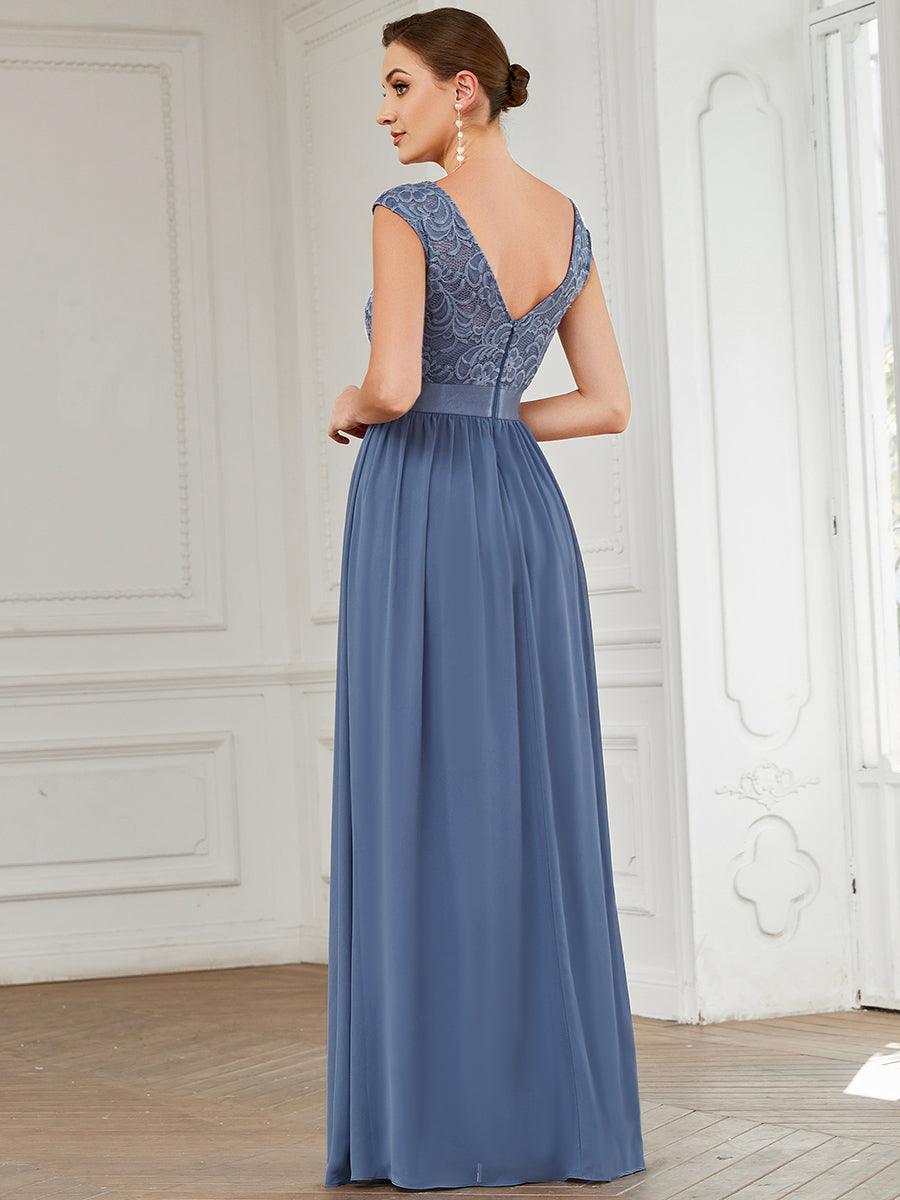 Robe mariage invitée longue en dentelle sans manches #Couleur_Marine Fume
