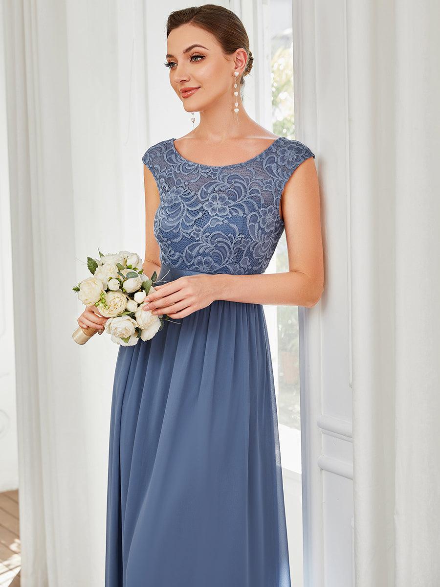 Robe de demoiselle d'honneur longue en dentelle sans manches #Couleur_Marine Fume