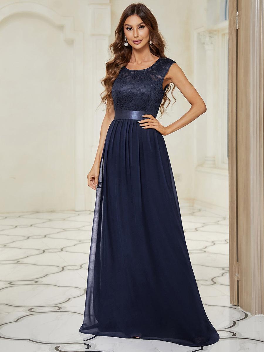 Robe de demoiselle d'honneur classique à col rond et dos en dentelle #Couleur_Bleu Marine