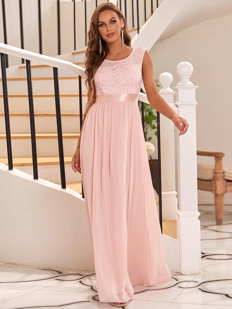 Robe de demoiselle d'honneur classique à col rond et dos en dentelle #Couleur_Rose