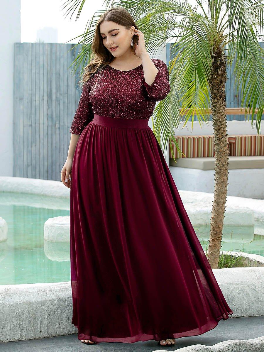 Robes de soirée longues en tulle et paillettes pour la mère de la mariée Grande taille #Couleur_Bordeaux
