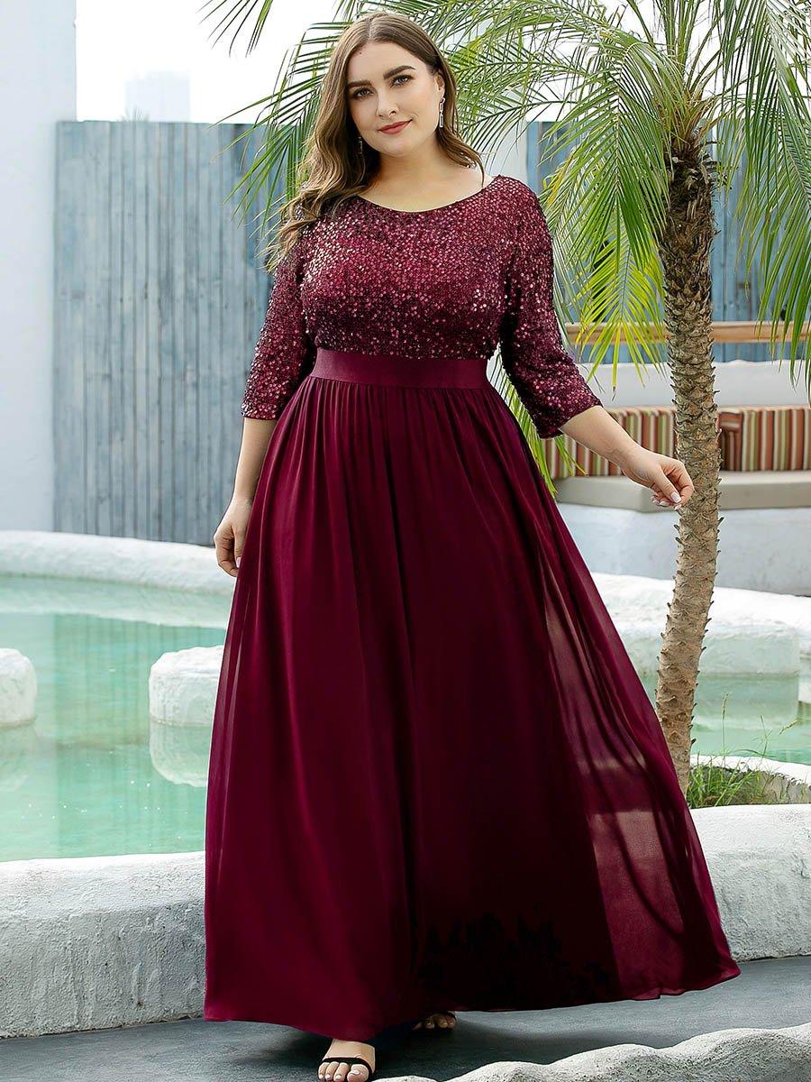Robes de soirée longues en tulle et paillettes pour la mère de la mariée Grande taille #Couleur_Bordeaux