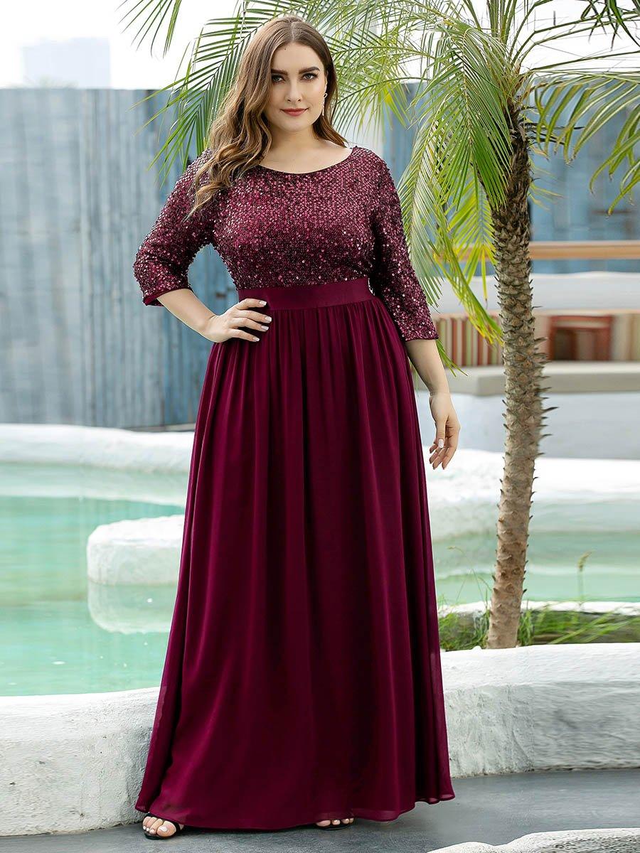 Robes de soirée longues en tulle et paillettes pour la mère de la mariée Grande taille #Couleur_Bordeaux