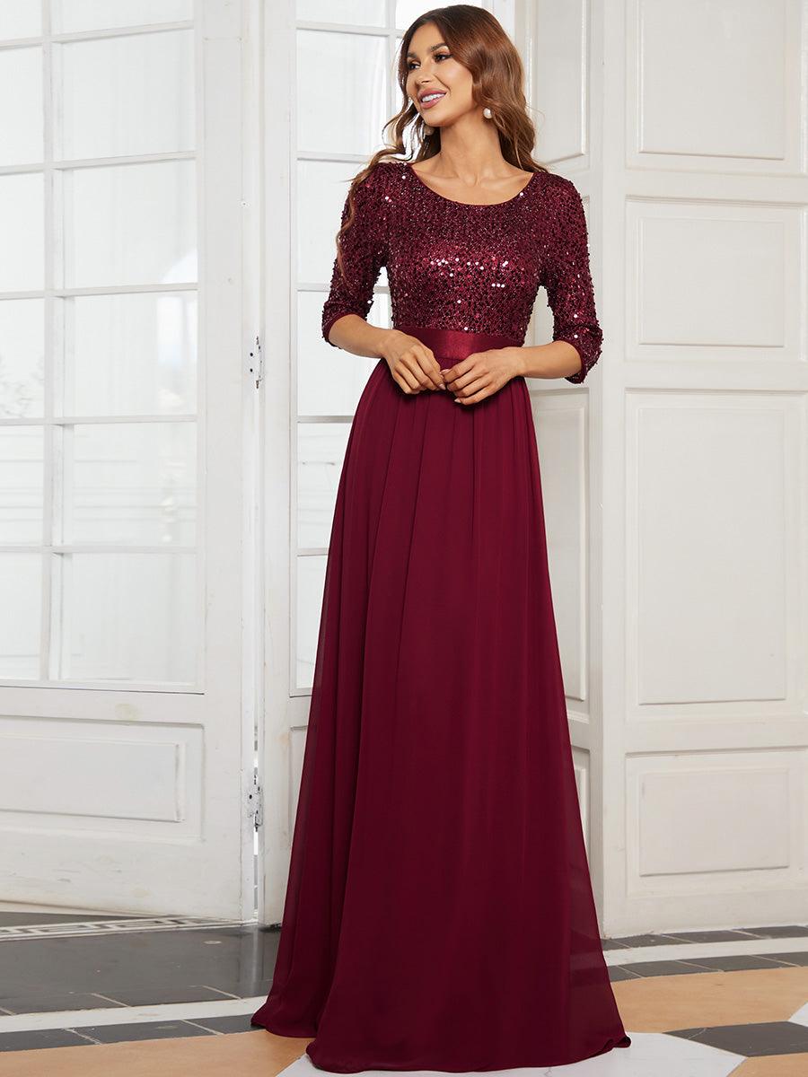 Robe de soirée élégante à encolure ronde et à manches 3/4 en patchwork de sequins #Couleur_Bordeaux