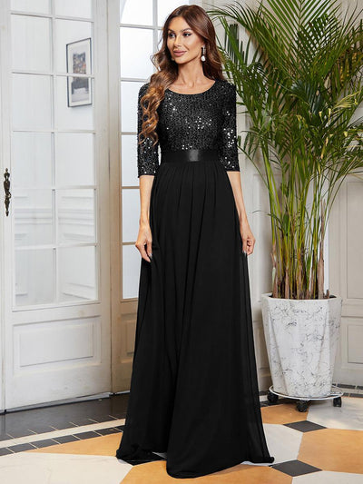 ever FLORENCE|Robe de soirée élégante à encolure ronde et à manches 3/4 en patchwork de sequins
