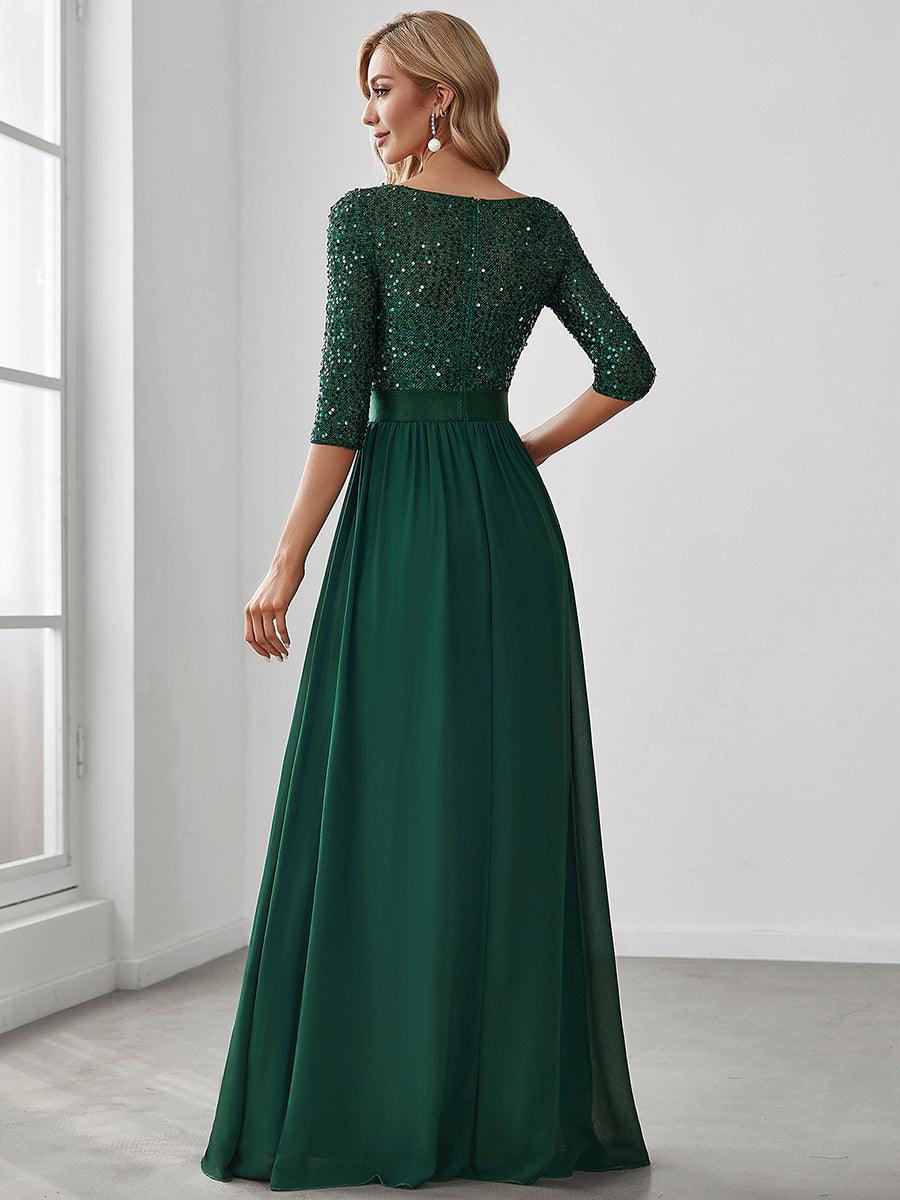 Robe de soirée élégante à encolure ronde et à manches 3/4 en patchwork de sequins #Couleur_Vert Fonce