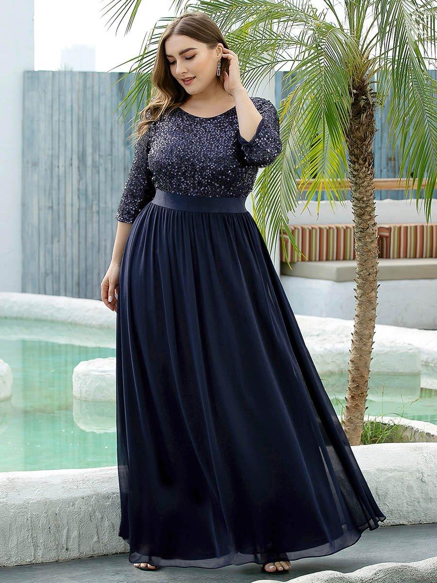 Robes de soirée longues en tulle et paillettes pour la mère de la mariée Grande taille #Couleur_Bleu Marine