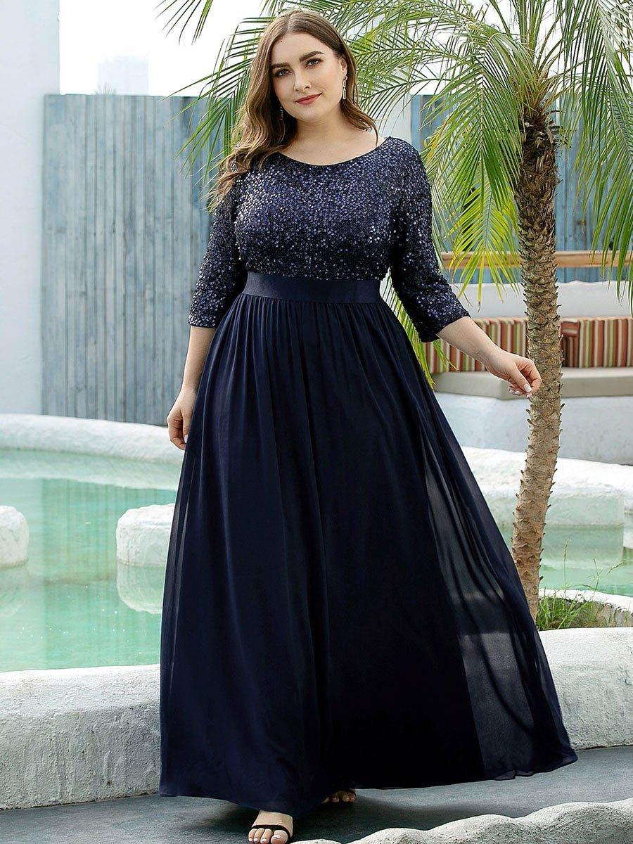Robes de soirée longues en tulle et paillettes pour la mère de la mariée Grande taille #Couleur_Bleu Marine