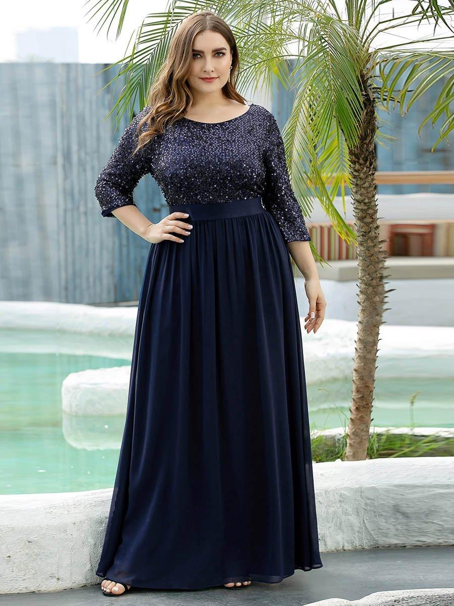 Robes de soirée longues en tulle et paillettes pour la mère de la mariée Grande taille #Couleur_Bleu Marine