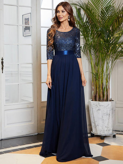 ever FLORENCE|Robe de soirée élégante à encolure ronde et à manches 3/4 en patchwork de sequins
