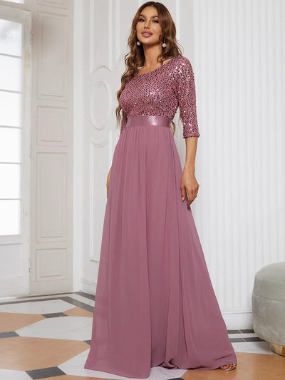ever FLORENCE|Robe de soirée élégante à encolure ronde et à manches 3/4 en patchwork de sequins
