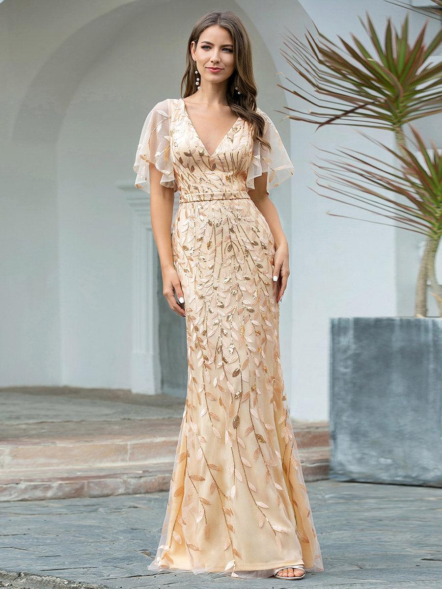 Robe de Soirée Longue Sirène à Pailletée à Col en V Profond #Couleur_Or