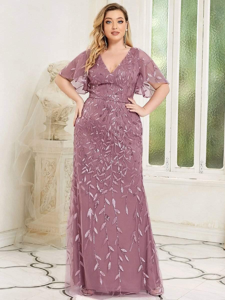 Robe de Soirée Longue Grande Taille Sirène à Pailletée à Col en V #Couleur_Orchidee