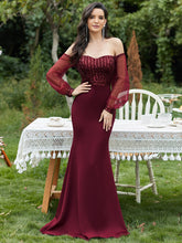 Robe de Soirée Longue Sirène à Sequins Tendance avec Manches en Tulle #Couleur_Bordeaux