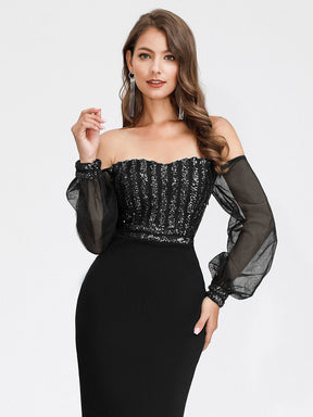 Robe de Soirée Longue Sirène à Sequins Tendance avec Manches en Tulle