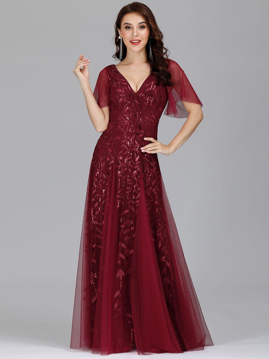 Robe de Soirée Longue Romantique et Scintillante à Col V et Pailletes #Couleur_Bordeaux