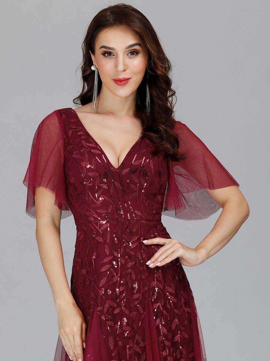 Robe de Soirée Longue Romantique et Scintillante à Col V et Pailletes #Couleur_Bordeaux